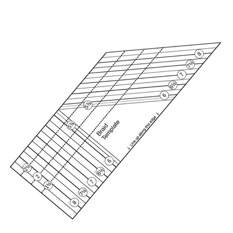 The United Notions Braid Template uses 1" to 3" strips, featuring a black and white diagram labeled Braid Template 1504 with parallel lines marked in inches. Notes advise aligning fabric strips or braid pieces along the template edge.