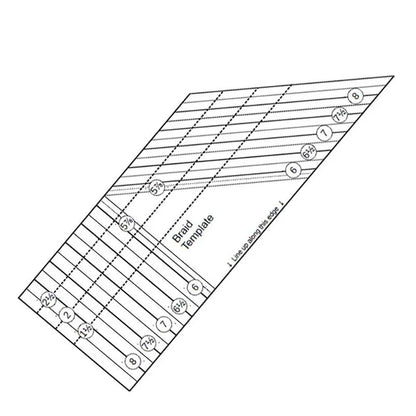 The United Notions Braid Template uses 1" to 3" strips, featuring a black and white diagram labeled Braid Template 1504 with parallel lines marked in inches. Notes advise aligning fabric strips or braid pieces along the template edge.