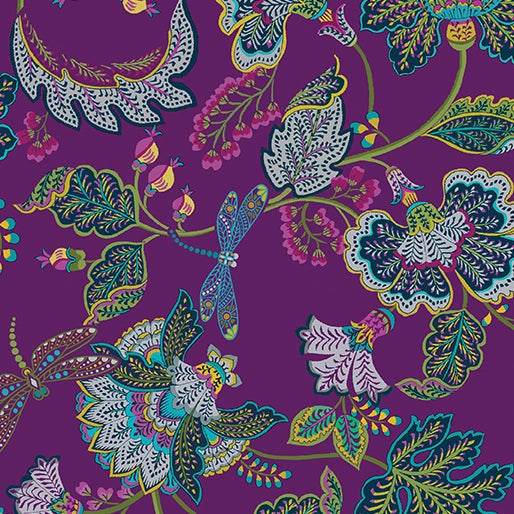 Jacobean Garden Purple Garden Serenade Fabric Yardage by Benartex features dragonflies, leaves, and detailed flowers in blue, green, pink, and yellow on a purple background—ideal for vibrant purple floral quilting projects.