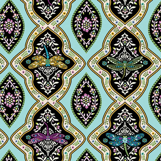 Benartex’s Jacobean Garden Teal Dragonfly Trellis Fabric features ornate dragonflies and florals in black, turquoise, and pastels, arranged in decorative patterns on a light blue background.