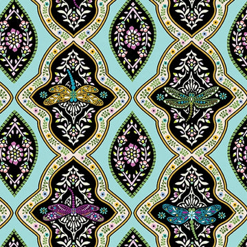 Jacobean Garden Teal Dragonfly Trellis Fabric Yardage - quilt fabric for sewing and quilting projects
