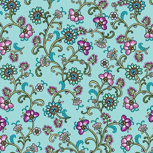 The Benartex Jacobean Garden Teal Floral Arebesque Fabric Yardage features a seamless floral pattern with intricate pink, purple, and teal flowers and swirling green stems on light blue for a vintage, elegant look.