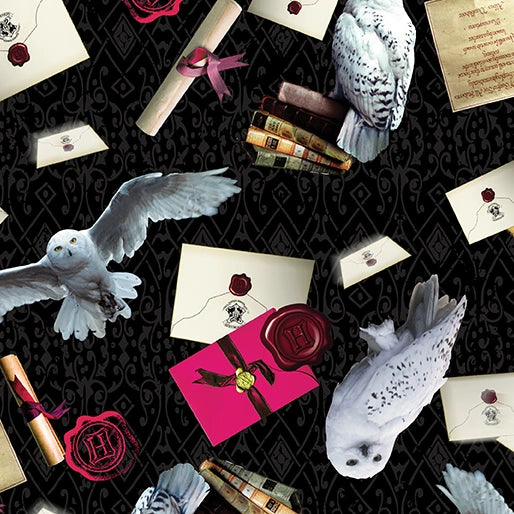 Harry Potter Owl Postal Service Black Fabric Yardage