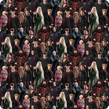 The Benartex Harry Potter Multi Characters 108" Wide 3 Yard Quilt Fabric Back Pack features iconic wizards, witches, and magical creatures on a plain background—ideal for wide quilt backing on themed projects.