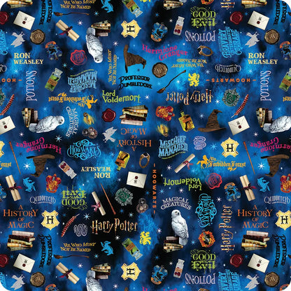 The Benartex Harry Potter Blue Words 108" Wide 3 Yard Quilt Fabric Back Pack features iconic books, wands, owls, glasses, potions, names, and house symbols—ideal for quilt backings or unique Harry Potter projects.