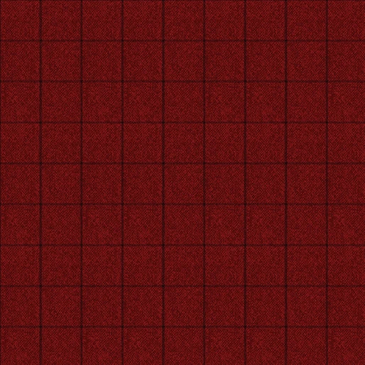 Tweed Window Pane Dark Red Fabric Yardage features a textured dark red surface with a tweed-inspired look and thin black lines forming an even grid of small window pane squares.