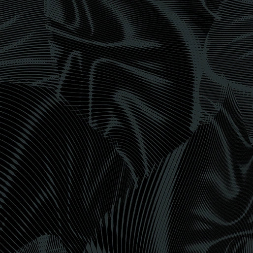 Echo Black Fabric Yardage by Benartex features an abstract black and dark gray pattern with wavy, curved lines and shapes, offering a rich sense of depth and texture perfect for quilting projects.