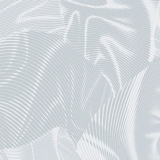 Echo Grey Fabric Yardage by Benartex features an abstract pattern of curved white lines on a light gray background, creating a wavy, textured effect perfect for projects needing a subtle, modern blender fabric.