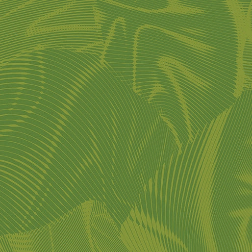 This abstract image showcases curved, wavy lines in green tones, evoking the dynamic and textured look of Benartex's Echo Leaf Fabric Yardage.