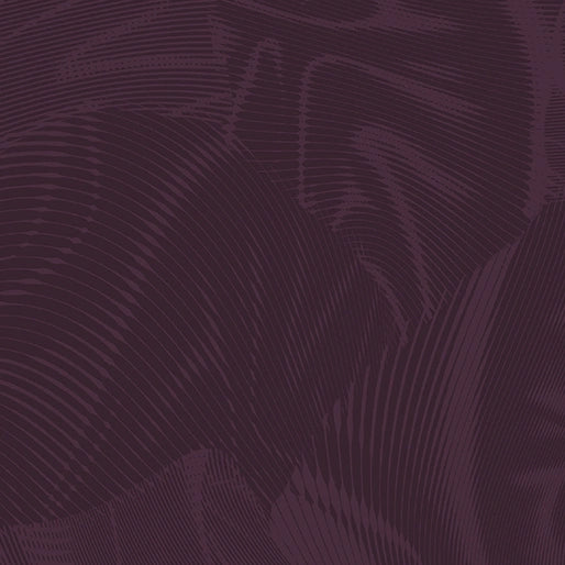 Echo Dark Plum Fabric Yardage by Benartex features a dark purple abstract design with curved, wavy lines and subtle textures, evoking quilting fabric in a layered, flowing pattern.