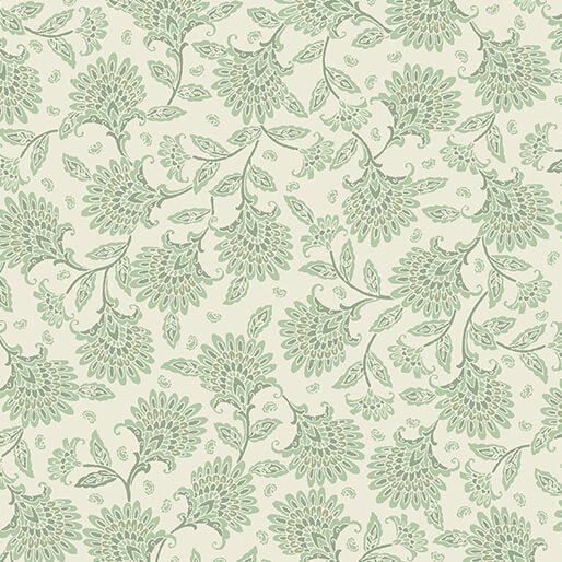 Whimsy Floral Pistachio 108" Wide Quilt Backing Fabric by Benartex features a vintage-inspired green floral and leaf pattern on light beige—perfect for quilt backing and other projects.