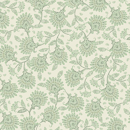 Whimsy Floral Pistachio 108" Wide Quilt Backing Fabric by Benartex features a vintage-inspired green floral and leaf pattern on light beige—perfect for quilt backing and other projects.
