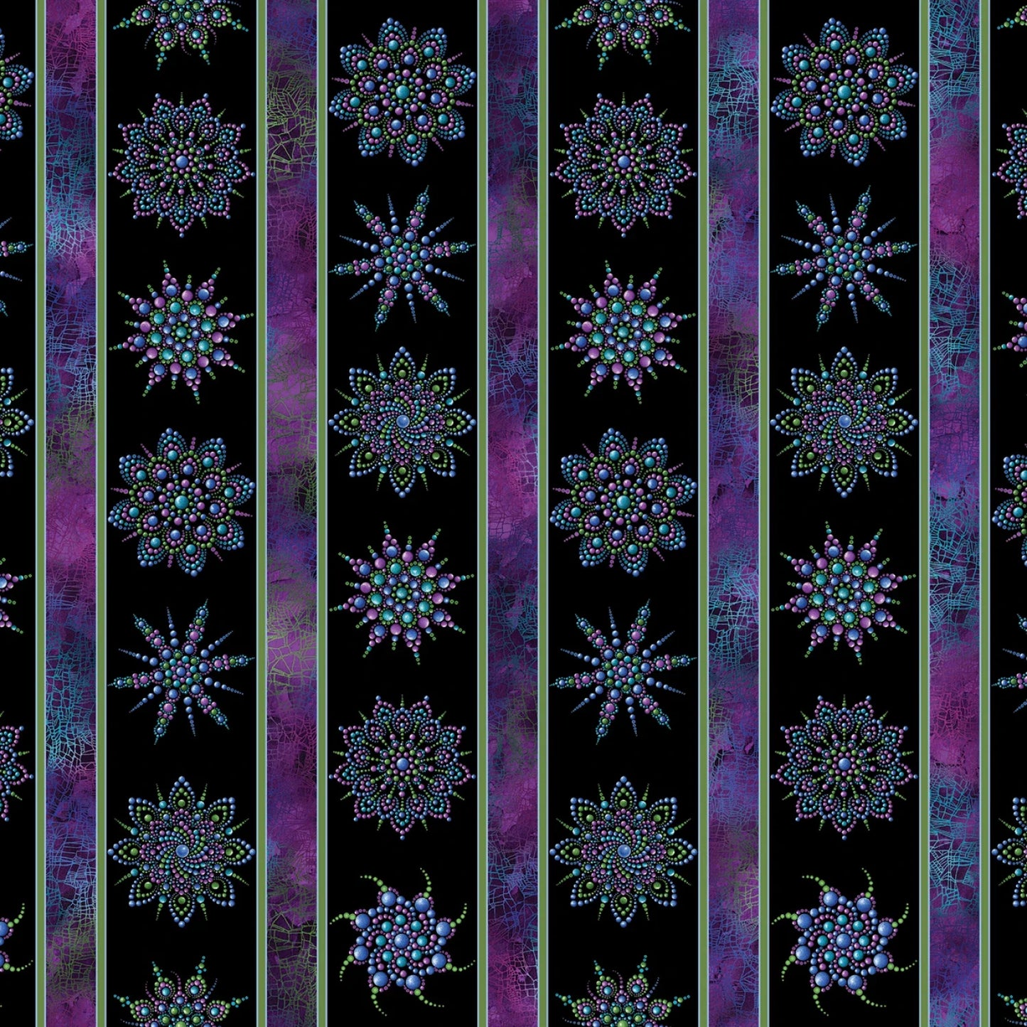 The Benartex Dragonfly Wonder Border Print Fabric features vertical stripes with mandala-inspired floral patterns in blue, purple, and green on black—a textured, multicolored design perfect as border print quilting cotton.