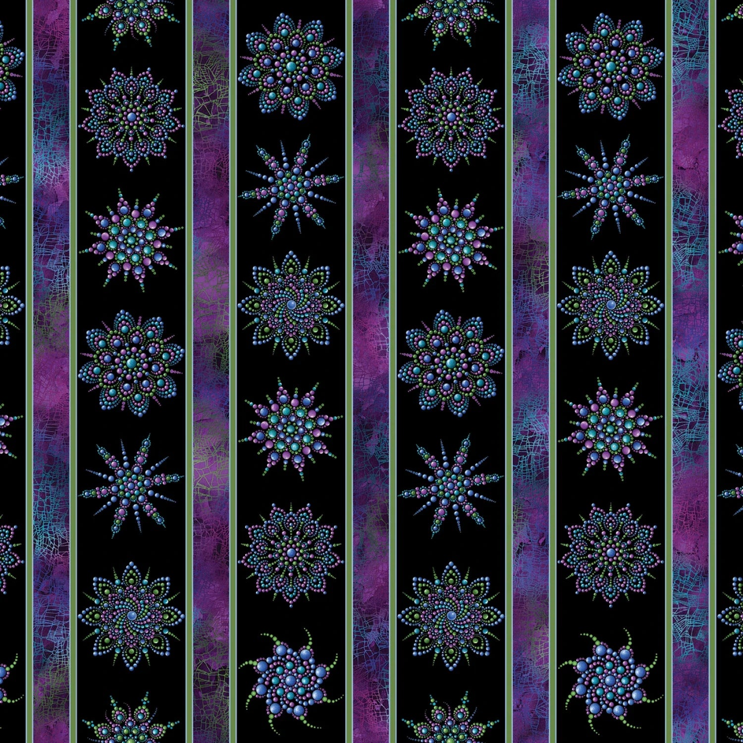 The Benartex Dragonfly Wonder Border Print Fabric features vertical stripes with mandala-inspired floral patterns in blue, purple, and green on black—a textured, multicolored design perfect as border print quilting cotton.