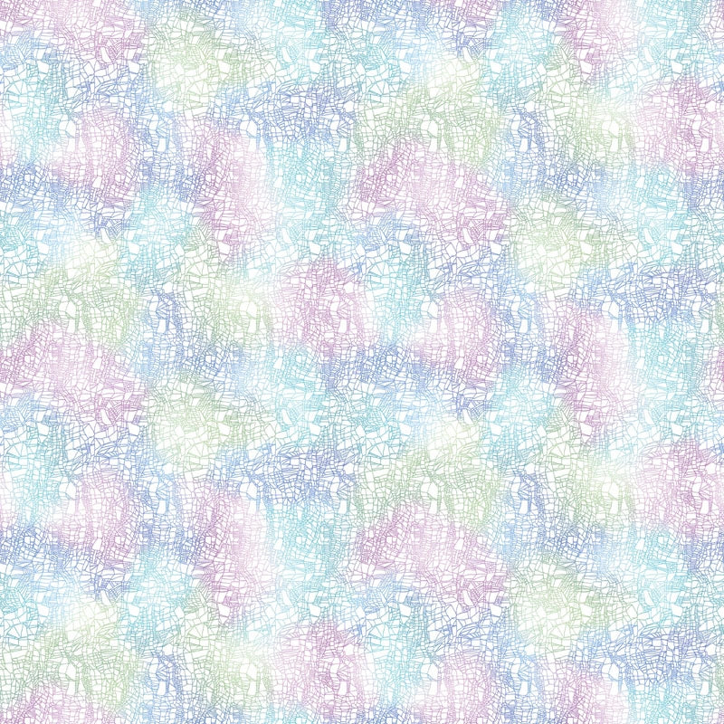 The Benartex Dragonfly Wonder White/Multi Cirrus Texture Fabric Yardage features an abstract pastel pattern of overlapping scribble lines in blue, green, pink, and purple—perfect for quilting and creative projects.