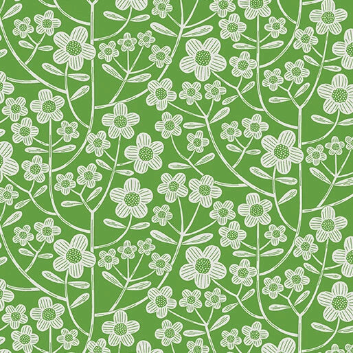 Brynn Green 108" Wide Quilt Backing Fabric by Benartex features a seamless pattern of white hand-drawn flowers and leaves on a green background, ideal for lively quilt backs with its dense botanical design spread throughout.