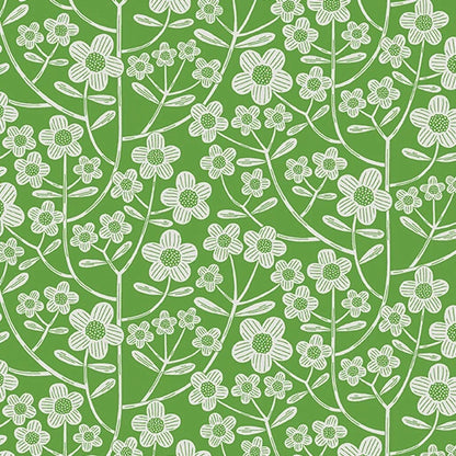 The Brynn Green 108" Wide 3 Yard Quilt Fabric Back Pack by Benartex features simple white line floral and leaf patterns on a green background, offering a stylish, decorative design ideal for wide quilt backings.