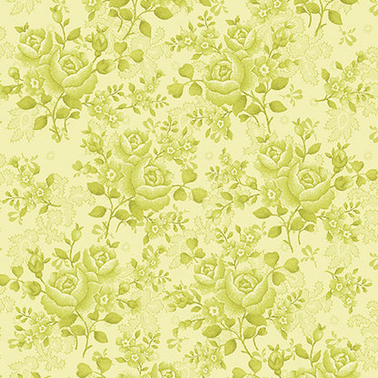 Benartex’s Climbing Rose Lime 108" Wide 3 Yard Quilt Fabric Back Pack features a vintage floral pattern with light green roses on pale yellow—perfect for quilt backings needing delicate, decorative style and extra width.