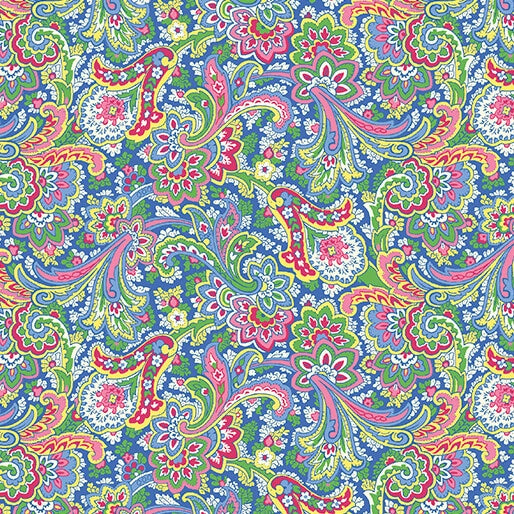 The Benartex Khanti Paisley Multi 108" Wide Quilt Backing Fabric features a vibrant paisley pattern with intricate florals and swirls on blue, making it perfect for adding ornate style to your quilt backing projects.