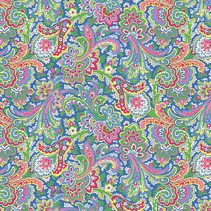 The Benartex Khanti Paisley Multi 108" Wide Quilt Backing Fabric features a vibrant paisley pattern with intricate florals and swirls on blue, making it perfect for adding ornate style to your quilt backing projects.