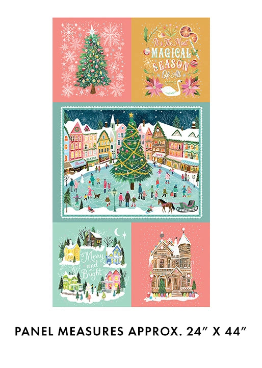 The Benartex Magical Season Quilt Panel features Katie Daisy’s festive art: a decorated tree, “It’s the Most Magical Season of All” text, skating town square, “Merry and Bright,” and a Victorian house. Approx. 24" x 44".