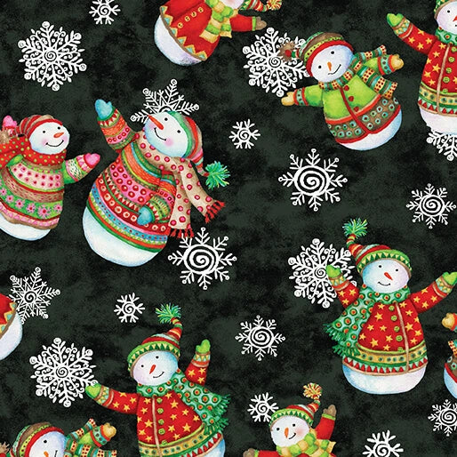 Snow Joy Black Snowmen Fabric Yardage by Benartex features colorful snowmen in festive sweaters, hats, and scarves on black with white snowflakes—perfect for winter quilts or cheerful holiday quilting projects.