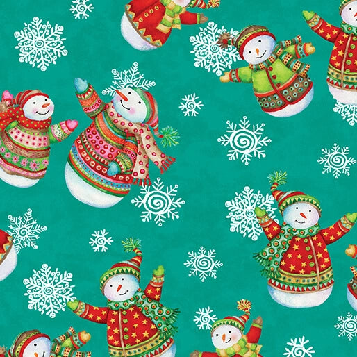 Benartex Snow Joy Teal Snowmen Fabric Yardage features cheerful snowmen in colorful winter attire with white snowflakes on a teal background—perfect for festive quilts and winter-themed quilting projects.