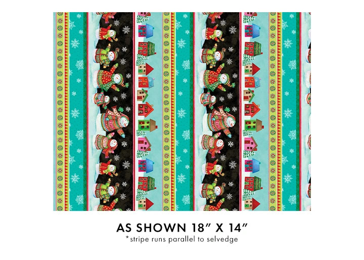 Snow Joy Multi Stripe Fabric Yardage by Benartex features snowmen, colorful houses, and snowflakes in teal, red, green & black stripes. Ideal cotton quilting fabric for holiday décor. Size: 18" x 14"; stripe runs parallel to selvedge.
