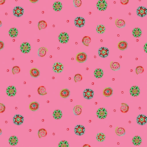 Snow Joy Pink Swirls Fabric Yardage by Benartex features a pink background with scattered colorful circles and paisley shapes—ideal quilting fabric to add a playful, festive touch to winter quilts or holiday décor.
