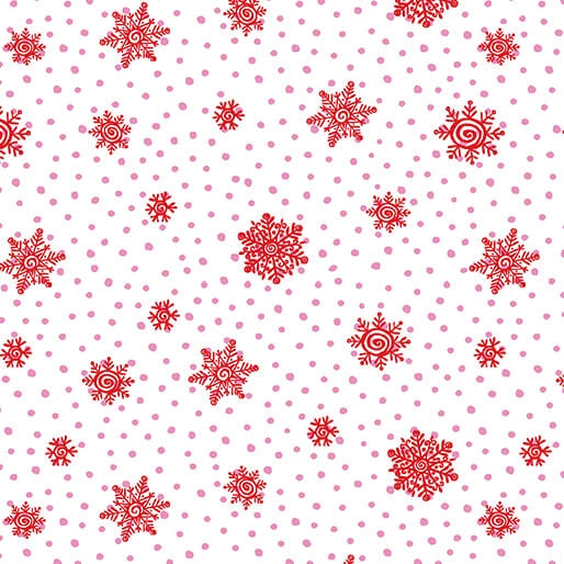 Red snowflakes and pink dots scatter across a white background, creating a festive winter pattern. Perfect for holiday sewing or quilting with Benartex's Snow Joy Red on White Flakes Fabric Yardage.