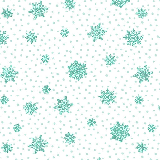 Snow Joy Turquoise on White Flakes Fabric Yardage by Benartex features a seamless pattern of teal snowflakes and dots on white—ideal for quilting or adding a festive touch to winter projects.