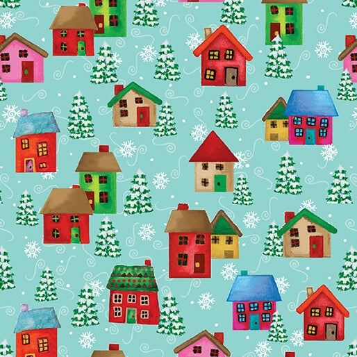 Snow Joy Light Turquoise Village Fabric Yardage - quilt fabric for sewing and quilting projects