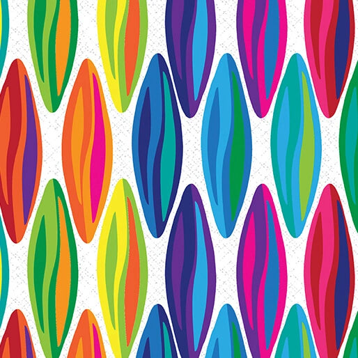 Add a vibrant, modern touch to your quilts with Benartex’s Kaleidoscope Metamorphosis White Multi 108" Wide Quilt Backing Fabric, featuring colorful overlapping oval shapes in rainbow hues on a white background.