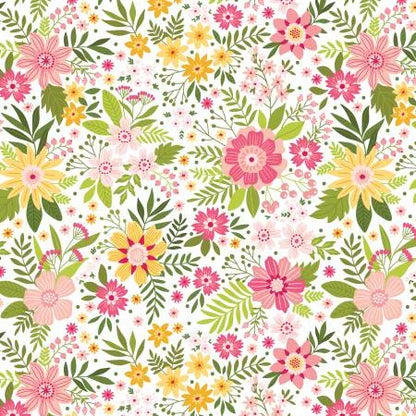 Benartex’s Among the Wildflowers Daybreak Coral 108" wide quilt backing fabric features a seamless pattern of pink, yellow, and orange flowers with green leaves on white—ideal for wildflower-inspired quilts or any project needing extra-wide backing.