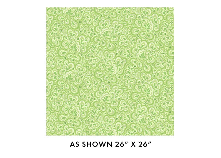A 26"x26" square of Benartex Twilight Serenade Green Stream fabric, features a light green background with white paisley floral pattern. Shown "AS SHOWN 26 X 26". Part of the 108" wide quilt backing collection.