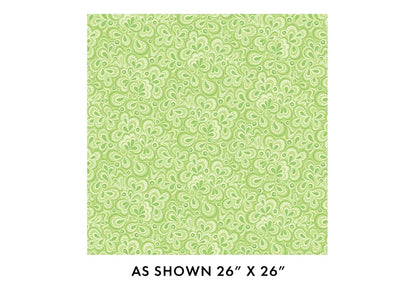 A 26"x26" square of Benartex Twilight Serenade Green Stream fabric, features a light green background with white paisley floral pattern. Shown "AS SHOWN 26 X 26". Part of the 108" wide quilt backing collection.