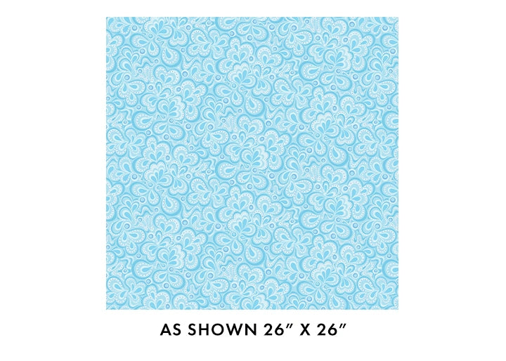 A 26" x 26" square of Benartex Twilight Serenade Lake Stream 108" wide fabric, light blue with white paisley and floral design by Amanda Murphy. Text below reads "AS SHOWN 26 X 26.