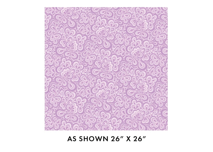 A 108"-wide, 3-yard quilt fabric from Benartex—Twilight Serenade Lavender Stream—features a light purple background with intricate white paisley and floral patterns, ideal for quilting projects.