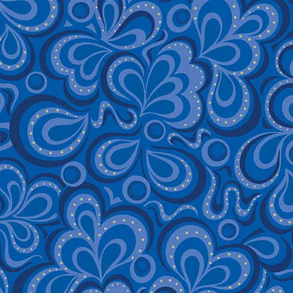 Moonlight Serenade Stream by Benartex features swirling teardrop blue motifs, wavy lines, and small yellow dots on a dark blue background—ideal as a 108" wide quilt backing or Amanda Murphy quilt fabric. 3 yard pack included.