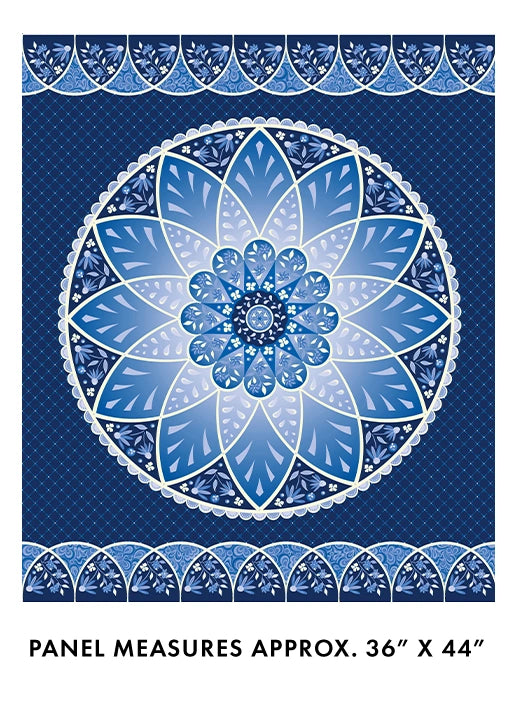 The Machine Quilting Serenade Stream Freemotion Class: Following the Path by Quilted Joy features a detailed blue and white mandala on dark blue, with borders, on a pre-printed 36" x 44" panel—ideal for freemotion quilting projects.