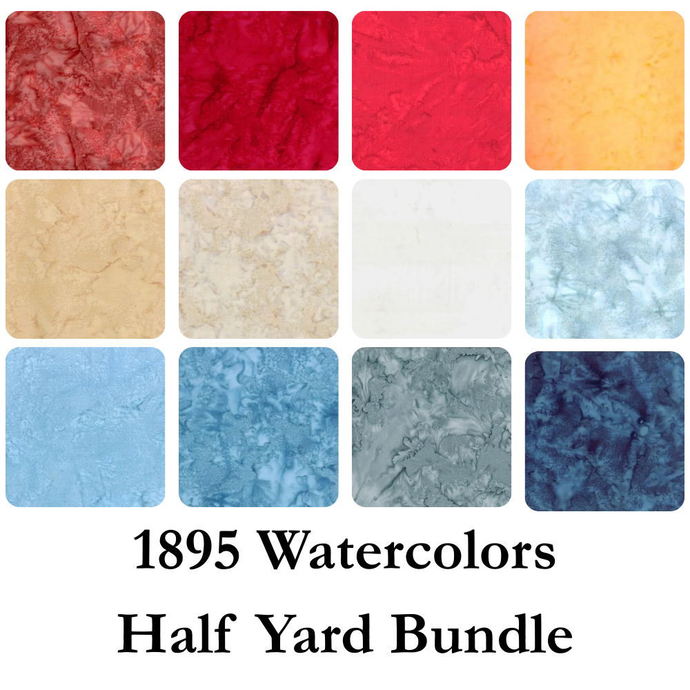 A grid of 12 vibrant watercolor fabric swatches in red, orange, yellow, cream, blue, gray, and navy with "1895 Watercolors Half Yard Bundle by Hoffman Fabrics" below—perfect for quilting fabric projects.