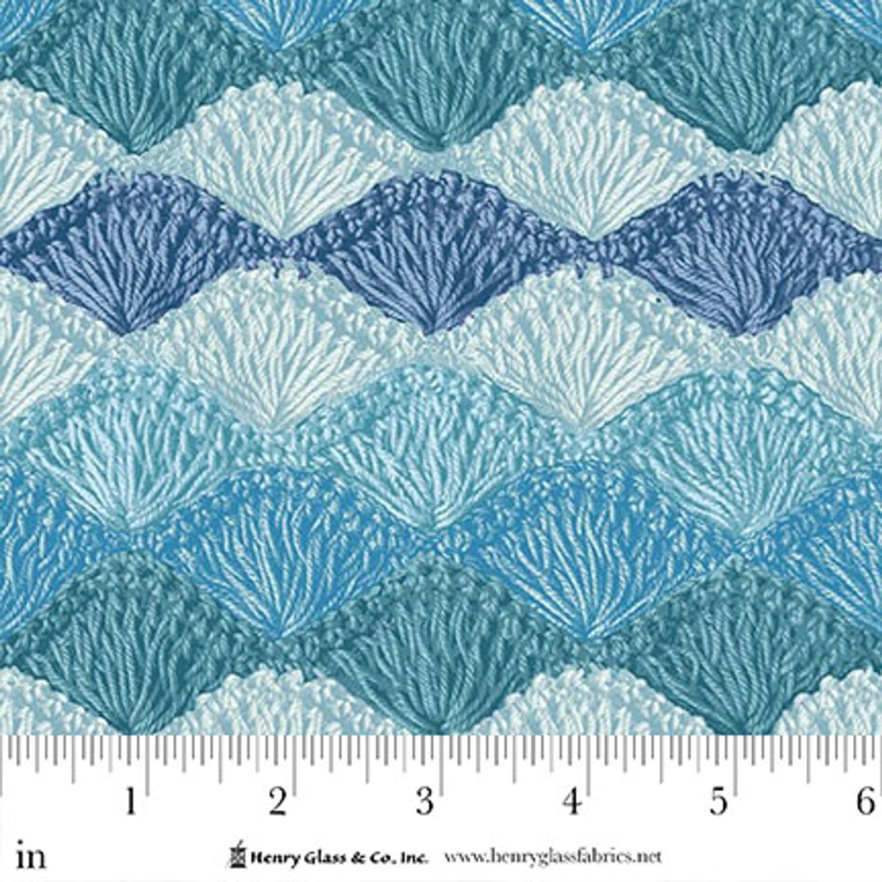 Shellstitch Blue Crochet 118" Wide Quilt Backing Fabric by Jaftex - Henry Glass Fabrics features a repeating blue and teal scallop design, with inch ruler for scale—ideal for wide quilt backing projects.