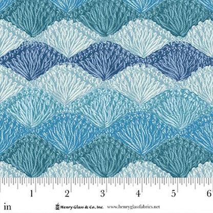 Shellstitch Blue Crochet 118" Wide Quilt Backing Fabric by Jaftex - Henry Glass Fabrics features a repeating blue and teal scallop design, with inch ruler for scale—ideal for wide quilt backing projects.