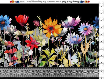Blooming Day & Night Black Border Fabric Yardage