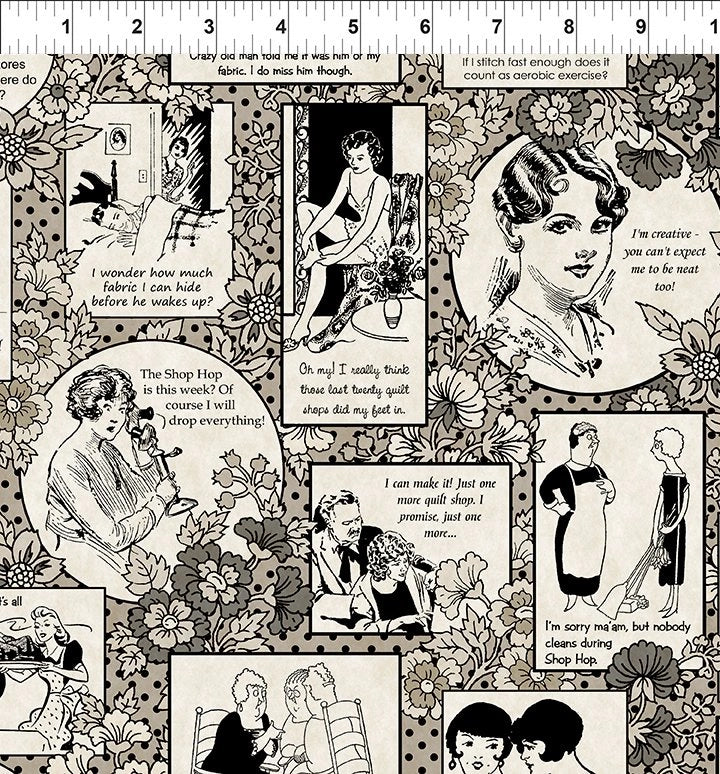 Sketchbook Prints black on sepia quilting cartoons fabric