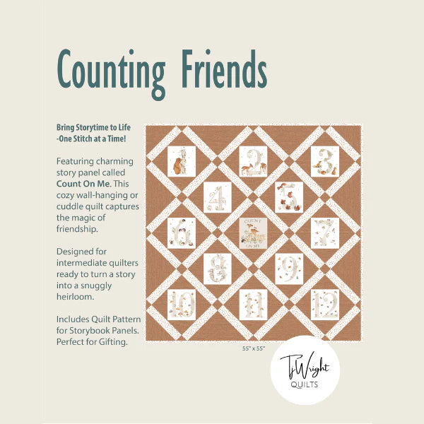 The Counting Friends Quilt Pattern by Checker Distributor features animal-themed illustrated panels in a diamond design on a brown background, ideal for gifting and perfect as a cozy wall-hanging or cuddle quilt for those comfortable with machine sewing.