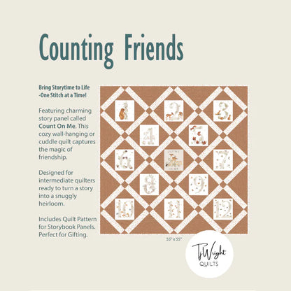 The Counting Friends Quilt Pattern by Checker Distributor features animal-themed illustrated panels in a diamond design on a brown background, ideal for gifting and perfect as a cozy wall-hanging or cuddle quilt for those comfortable with machine sewing.
