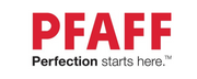 The image shows the word PFAFF in large red letters, with the phrase Perfection starts here.™ in smaller black and gray text underneath.