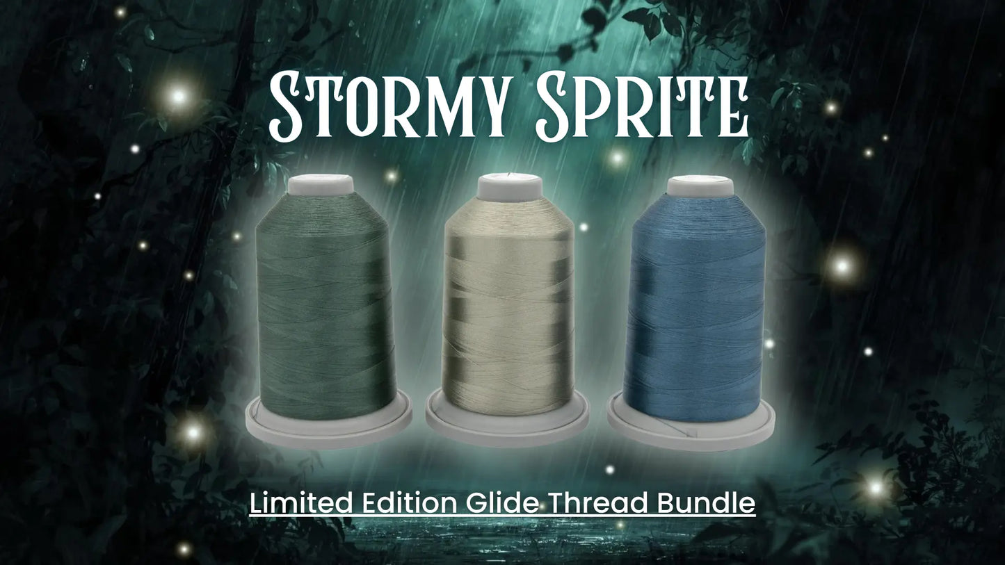 Three large Hab+Dash by Fil Tec spools in green, light beige, and blue are set against a mystical forest backdrop with "Stormy Sprite" above and "Limited Edition Stormy Sprite Glide Thread of the Month Bundle" below.