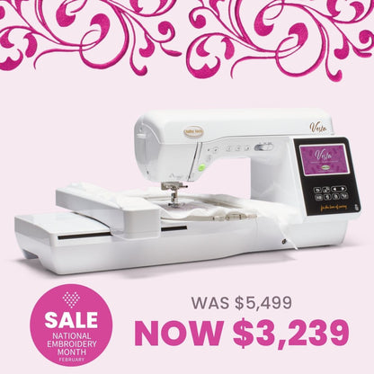 A Baby Lock Vesta Sewing & Embroidery Machine is shown with ornate pink swirls above. Below, a sale price of $3,239 (was $5,499) is displayed. A pink circle highlights "SALE National Embroidery Month February." Brand: Baby Lock.